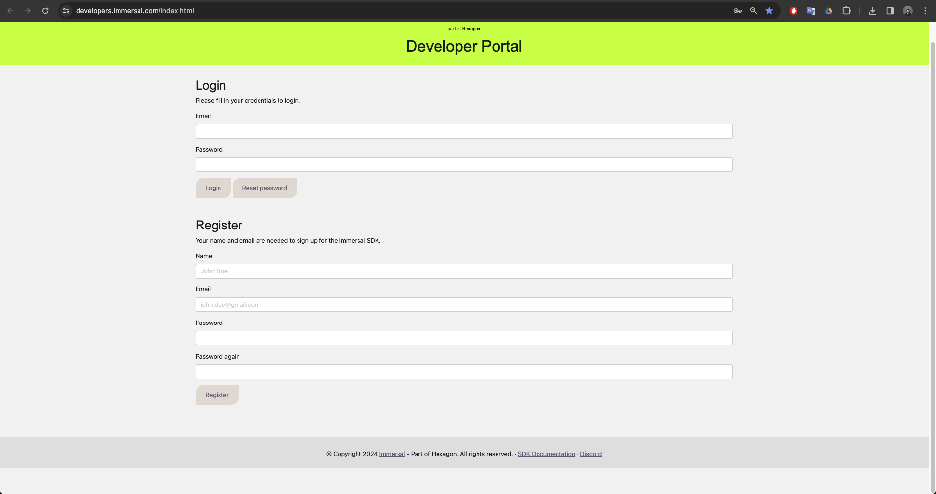 Developer Portal landing page.