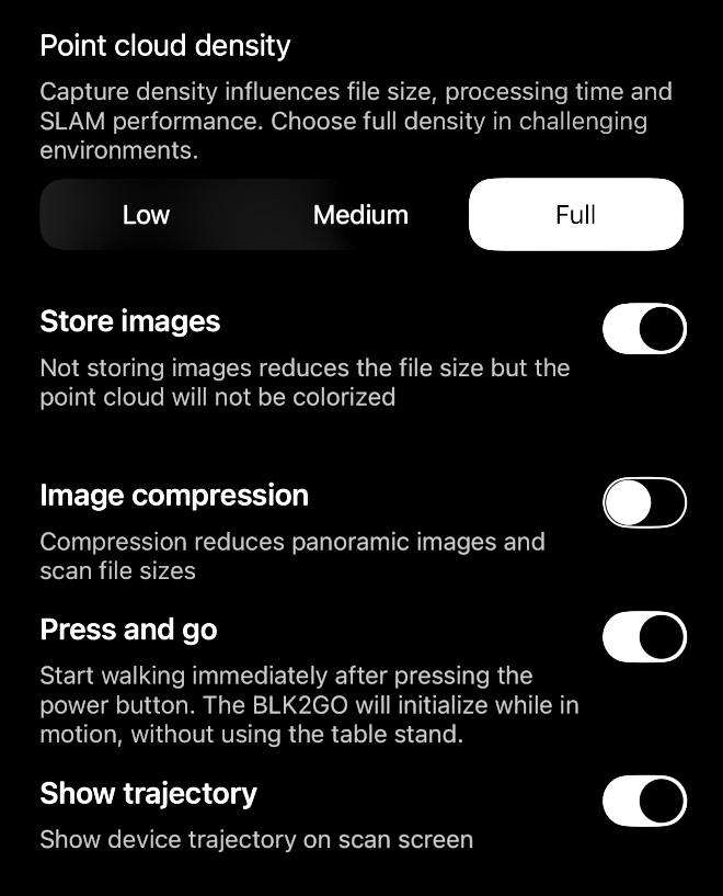 Leica BLK2GO Recommended settings